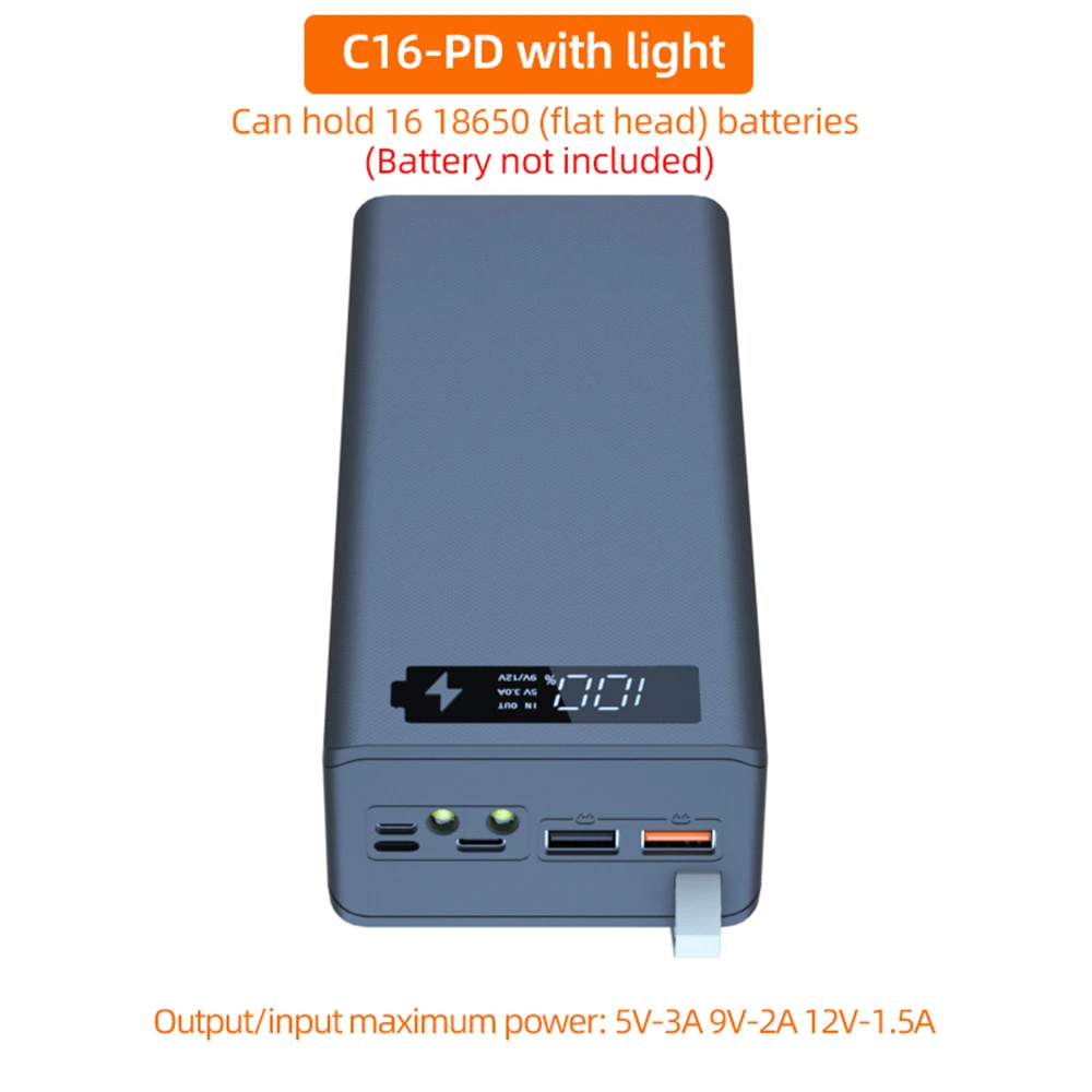 C16 Power Bank Case 16*18650 USB Welding Free Power Bank Case Detachable Portable QC 3.0 PD DIY Shell Housing For Powerbank