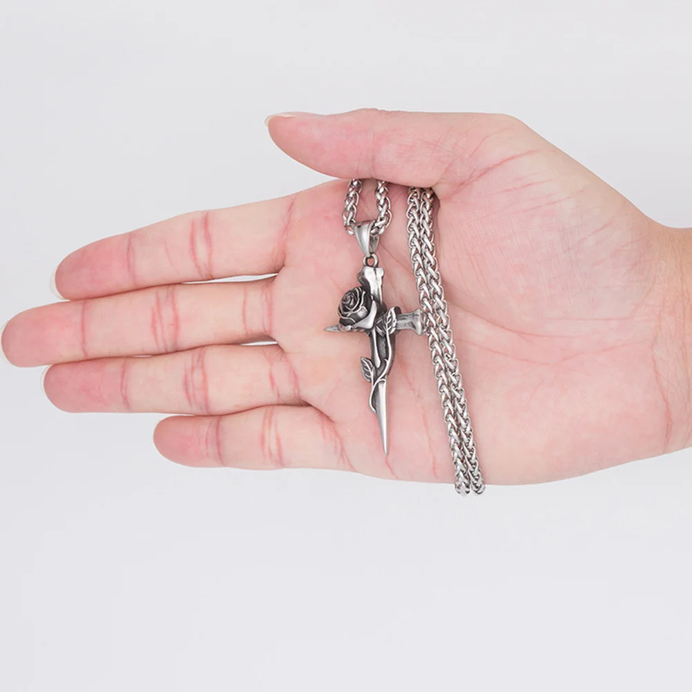 

Rose Cross Stainless Steel Necklace Men Vintage Gothic Cross Pendant Punk Hip Hop Comfortable Stylish Accessory