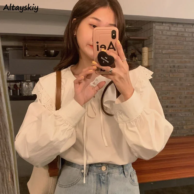 Peter Pan Collar Shirts Women Ruffles Sweet White Spring New Casual Students Korean Fashion French Style Lovely Simple Elegant