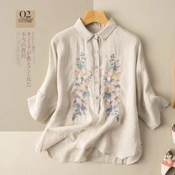 Literary Retro Embroidered Cotton Linen Blouse Ladies Loose Shirt Solid Color Short Summer New Linen Button Printing Lose Shirt