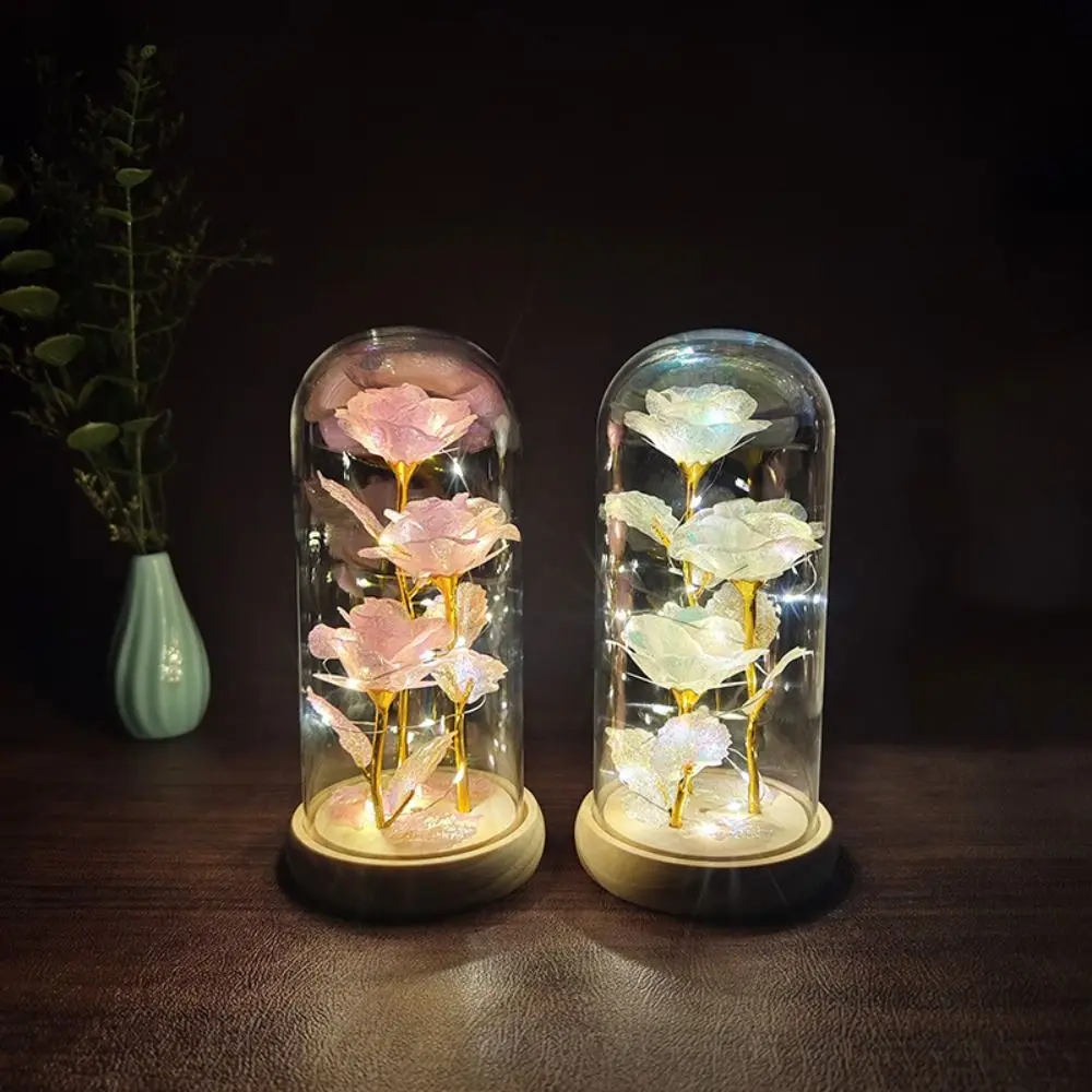 Romantic Artificial Rose Light with Acrylic Cover 3 Heads Rose Light Up Rose Simulation Luminous Eternal Rose Lamp