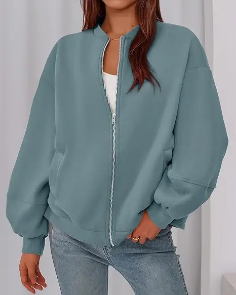 Autumn Winter Women Gray Jacket With Hood Long Sleeve Big Pocket Zipper Jacket Coat Woman Loose Casual Outerwear Coat Tops