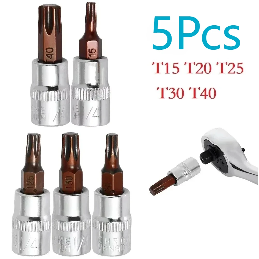 5Pcs Torx Screwdriver Bits 1/4 Inch Drive Socket Head Tools T15 T20 T25 T30 T40 Socket Wrench Adapter Hand Tools