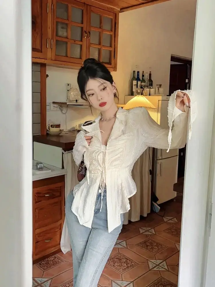 Apricot Chiffon Sun Protection Shirt Women Long Sleeve Shirt V-neck Irregular Top
