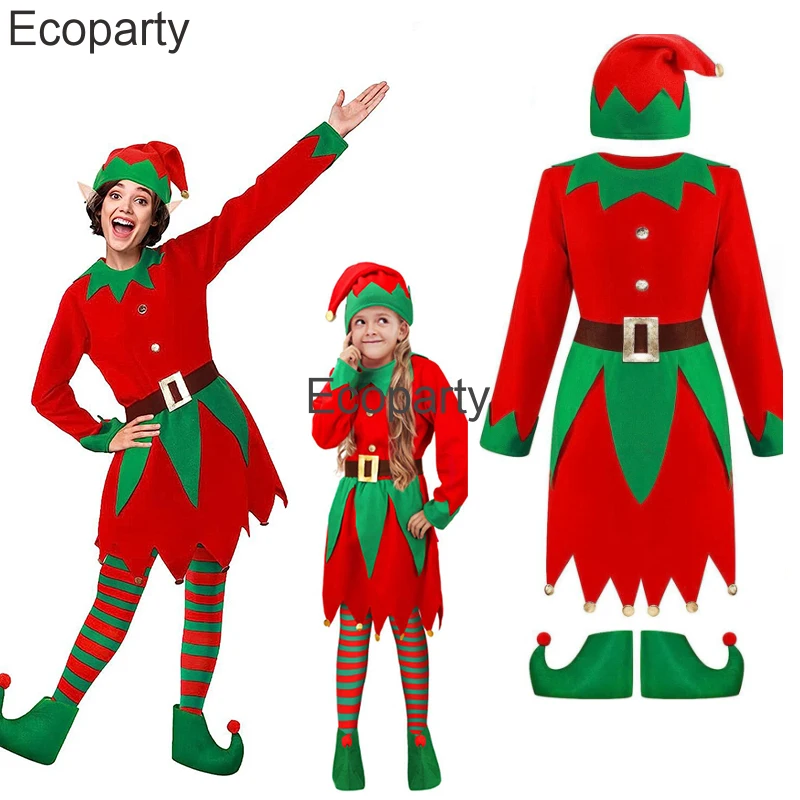 New Christmas Elf Costume Women Girls Santa Claus Cosplay Red Green Long Sleeve Dress Hat Socks Set Adult Kid Xmas Party Outfits