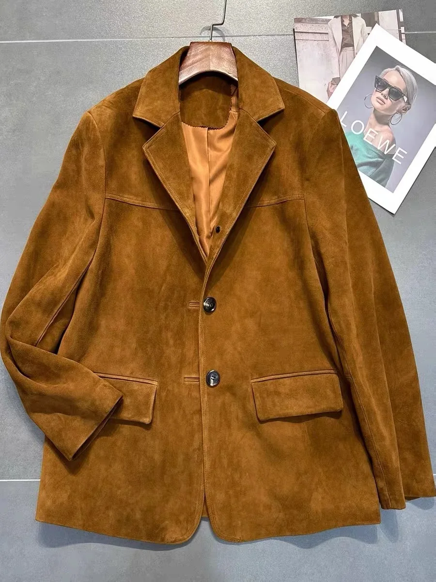 Chaqueta de ante Retro marrón para mujer, traje de cuero holgado de gran tamaño, chaqueta informal para mujer, ropa de calle, novedad de 2025