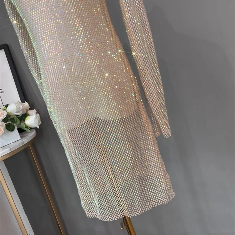 Damen Glänzendes Strass-Mesh-Midikleid mit Rollkragen, Langen Ärmeln, Durchsichtiges Bodycon-Kleid, Sexy Schlankes Party-Nachtclub-Abendkleid – Detail 10