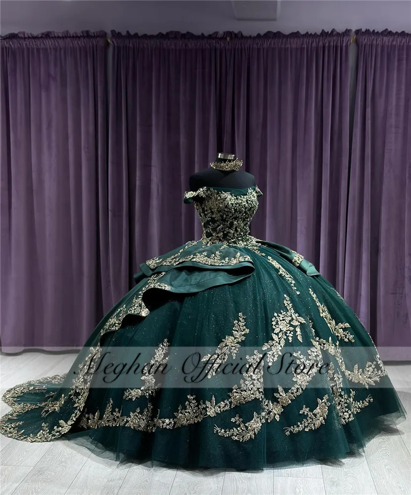 Mexico Green Off The Shoulder Quinceanera Dress 2025 Bead Appliques Corset Prom Dress Ball Gown Tiered Sweet 16 15 Customized