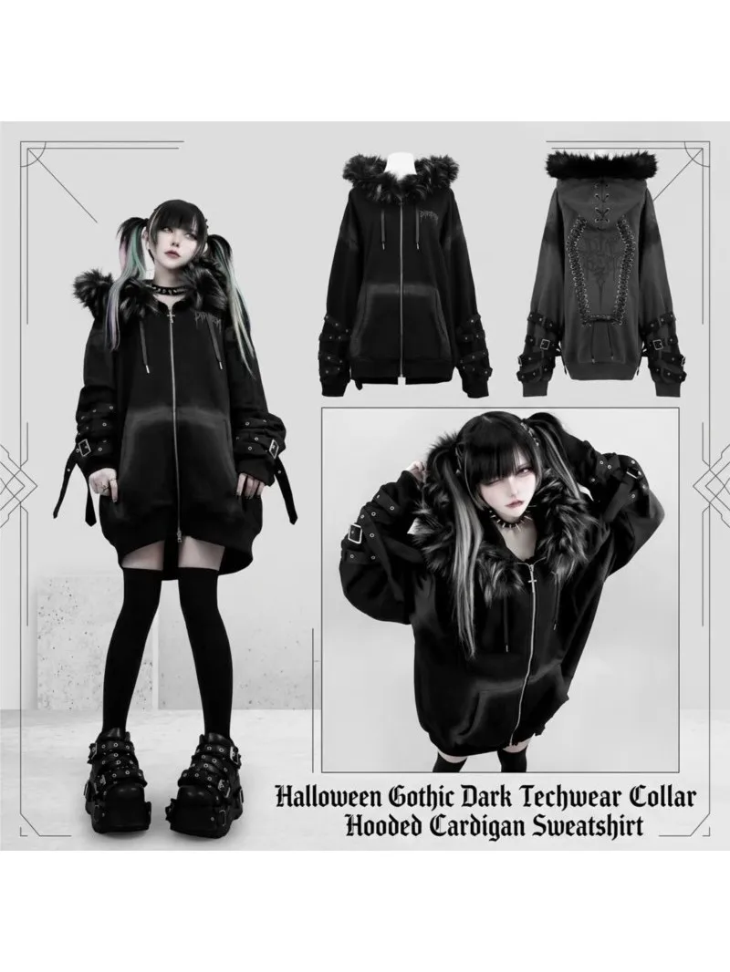 Subkultur-Punk-Hoodie mit starkem Used-Look und Kunstfell, Damen, dunkle Techwear-Strap-Zip-Cardigan-Jacke, Herbst/Winter, für Comic Con, Halloween ​ ​ ​
