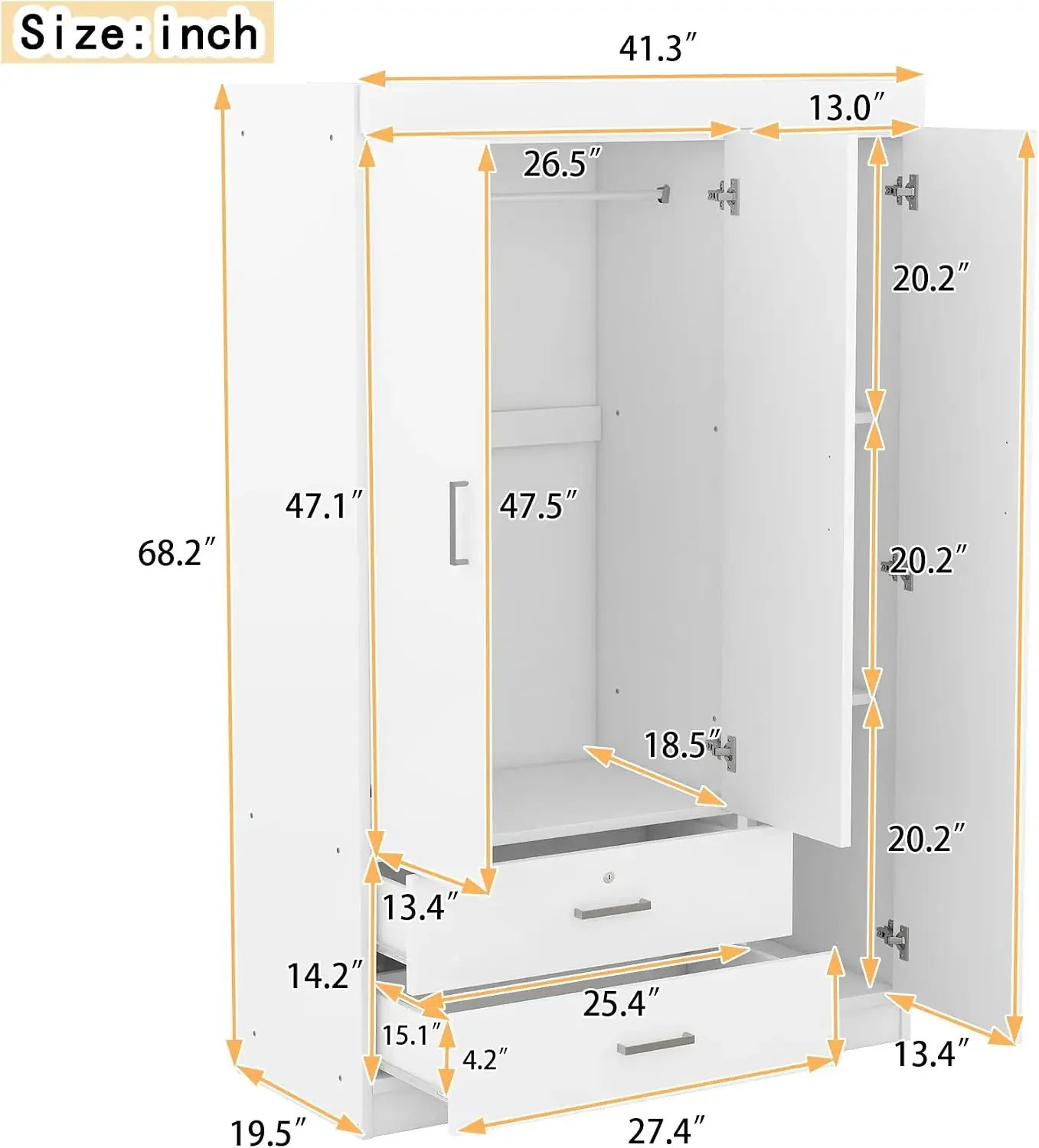 3 Doors Wardrobe Armoire Closet with Mirror, 68.2