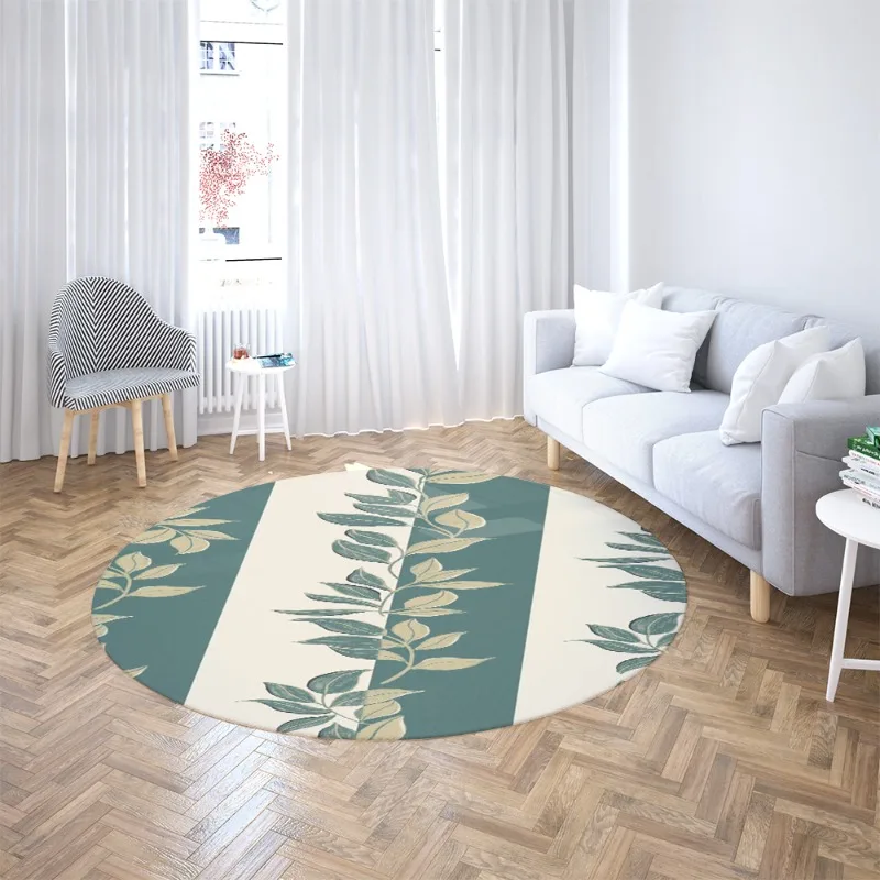 Teal Stripe Leaf Print Round Rug Non Slip Carpet Minimalist Botanical Striped Design For Living Room  Bedroom Home Decor