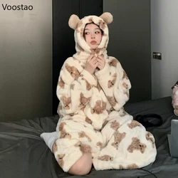 Autumn Winter Plush Robes Women Sweet Cartoon Bear Print Coral Fleece Nightgown Hooded Pajama Nightdress Female Kawaii Sleepwear