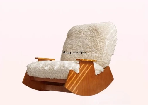 

French cream style sofa recliner retro solid wood living room balcony casual lamb wool rocking chair