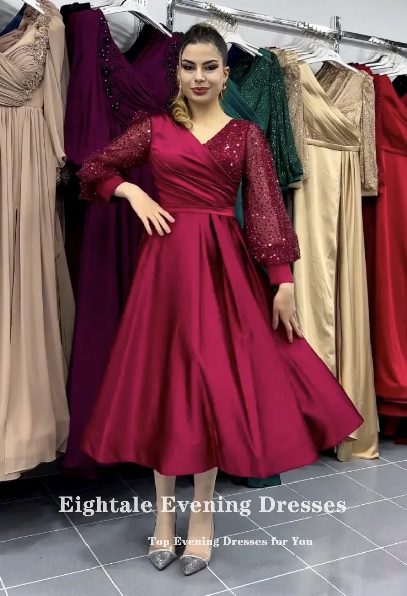 Eightale Short Prom Dresses V-Neck Glitter Long Sleeves Burgundy Customized A-Line Evening Party Gown Vestidos Para Graduación