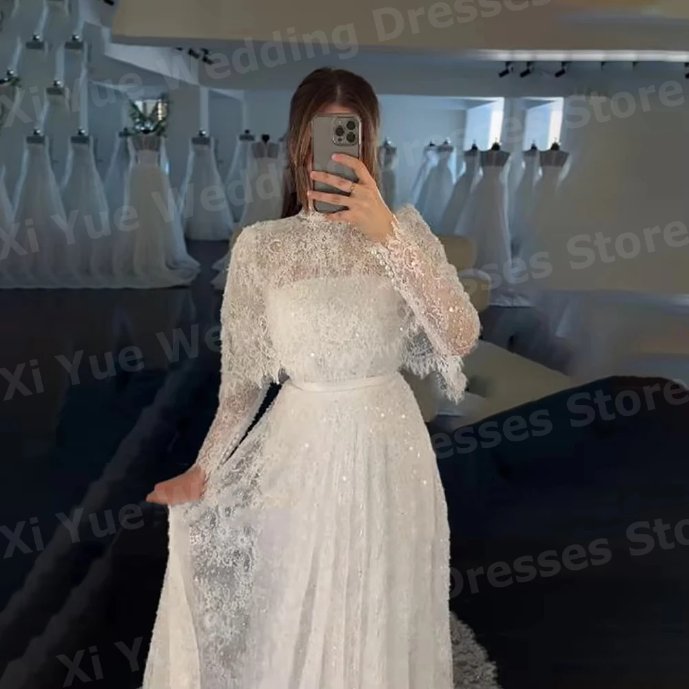 Fascinating A Line Women's Sparkling Lace Wedding Dresses Vestido De Novia Long Sleeved Bride Gowns Customized Robe De Mariée