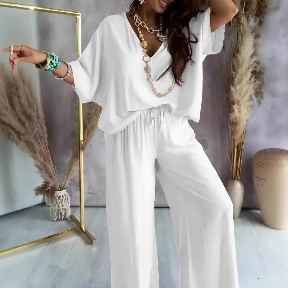 V Neck Bat Wing Sleeve Loose Wide Leg Pants Sets Women Evening Dress Long Elegant Formal