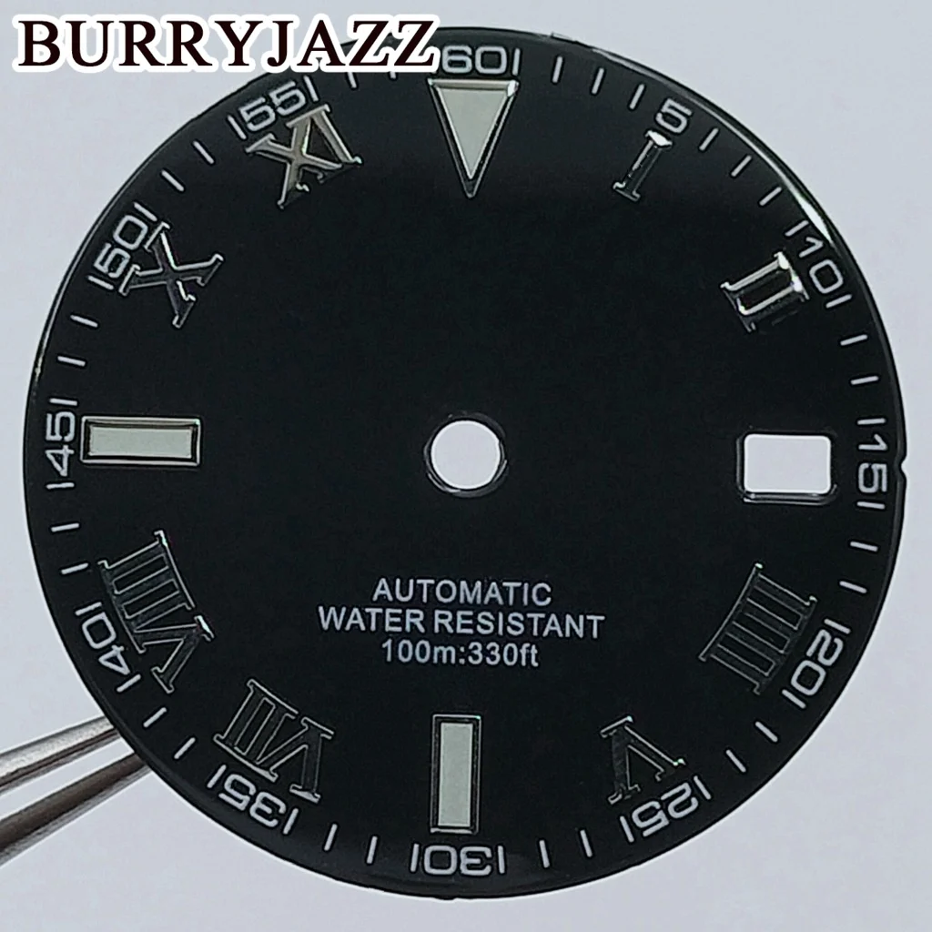 BURRYJAZZ 28.5mm No Logo NH35 Watch Dials Black Dial Green Luminous Fit 3 O'clock Case Crown