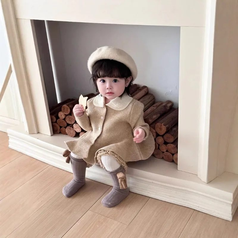 

Baby Girls Set 2025 Autumn Winter Christmas New Year Color-blocked Collared Sweater Cute A-line Top Shorts Two Piece Set