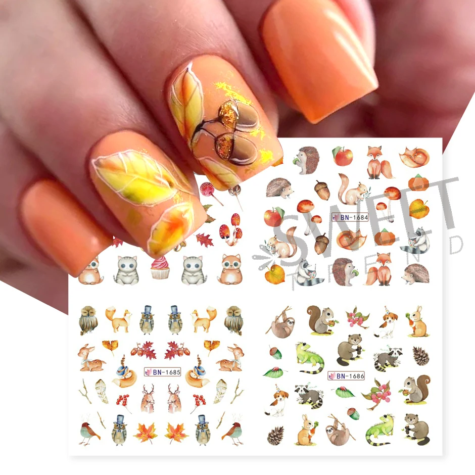 12pcs Hedgehog Animal Nail Water Stickers Pine Cones Gold Fall Design Watercolor Winter Manicure Transfer Sliders JIBN1681-1692