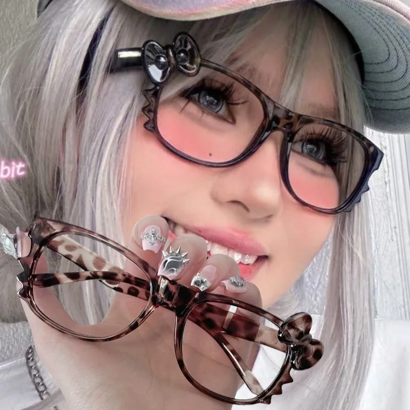 Kawaii Cat Y2K Eyeglass Frame Anime Retro Glasses Korean Leopard Print Eyeglass Frame Cute Photo Props Eyewear Decorative Gift