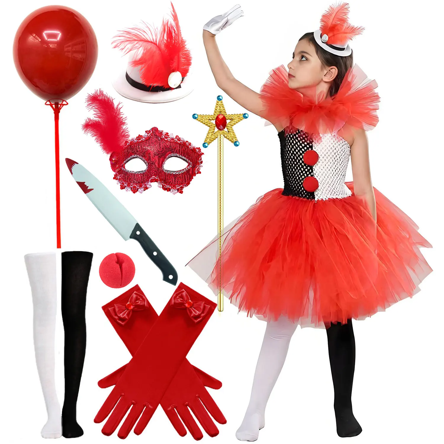 2026 Halloween Carnival Holiday Party Doll Elegant Cute and Scary Clown Tutu Costume For Girl Birthday Dress + Accessories Set