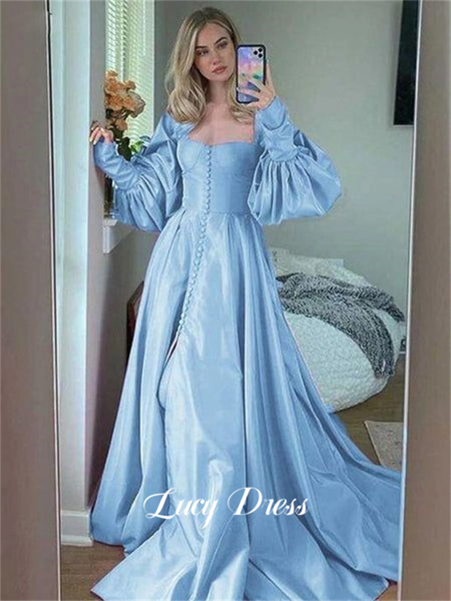 Lucy Glossy Fabric Coming of Age Dress Retro Ball Gown Wedding Party Line A Home Dresses With Long Sleeves Evening