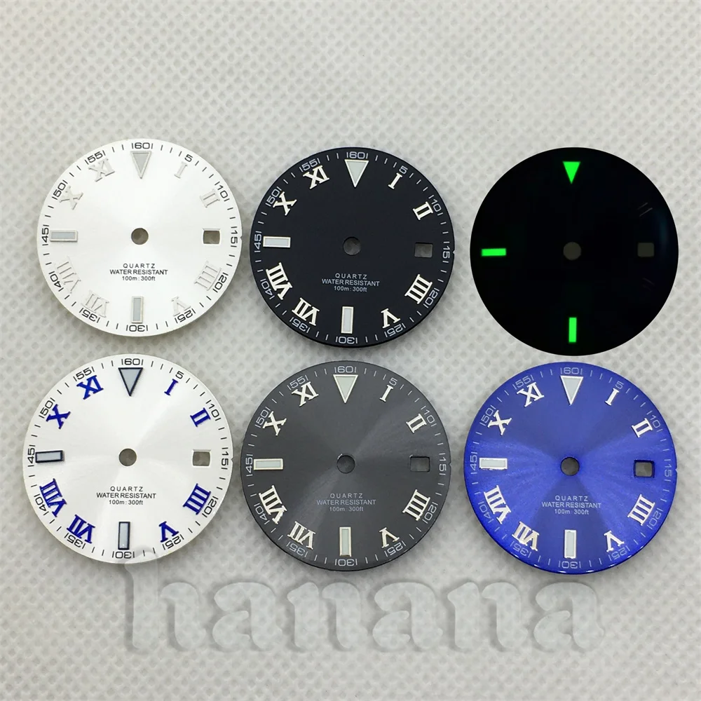قرص ساعة كوارتز 29 ملم قرص أسود وأبيض وأزرق لحركة كوارتز روندا 515 ليلة مضيئة خضراء