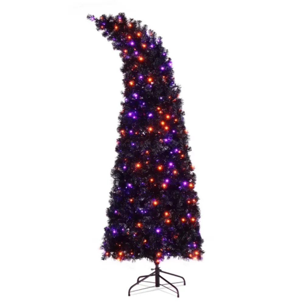 

Black 400 Lights Purple and Orange 10 Functions with Remote Control 1050 Branches Wizard Hat Shape PVC Material Christmas Tree