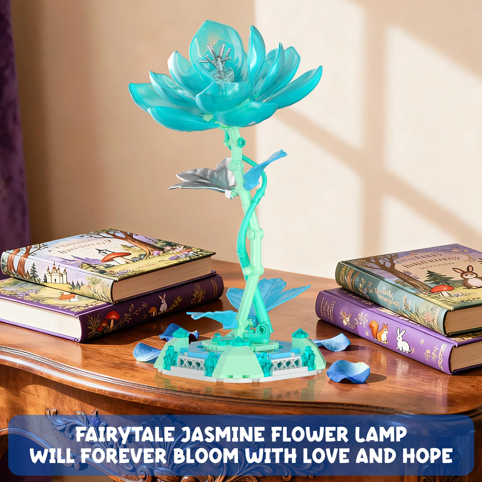 Juego de bloques de construcción de lámpara de mesa de jazmín, juguete en forma de flor con luz LED, decoración creativa del hogar y luz nocturna para niñas