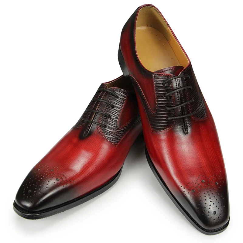 Chaussures de mariage pointues en cuir faites à la main pour hommes, chaussures Derby, affaires, formelles, chaussures carillons décontractées, rouge, haut de gamme