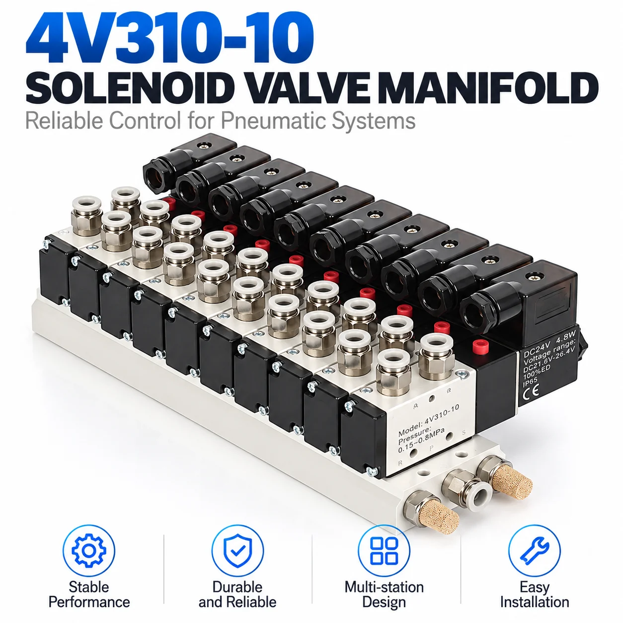 Pneumatic Solenoid Valve DC12/24V AC110/220V Multi Option 4V310-10 Series With Muffler Fitting Base Manifold 2/3/4/6/7/8/10 Way