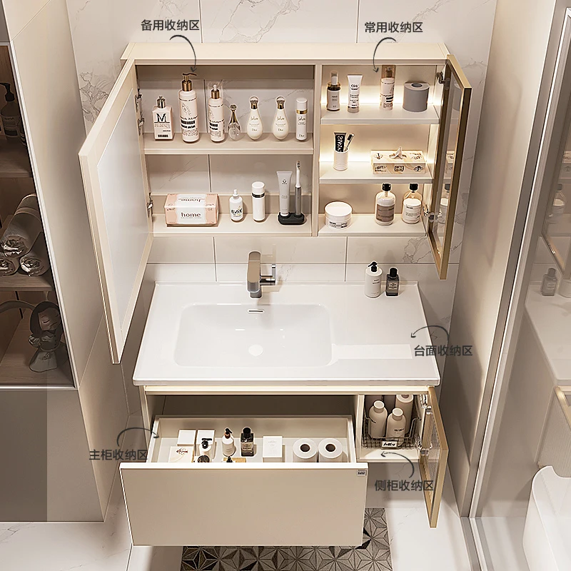 

Light Luxury Bathroom Cabinet Ceramic Integrated Washbasin Storage Cabinet Combination Cream Wind Modern Badschrank Furniture