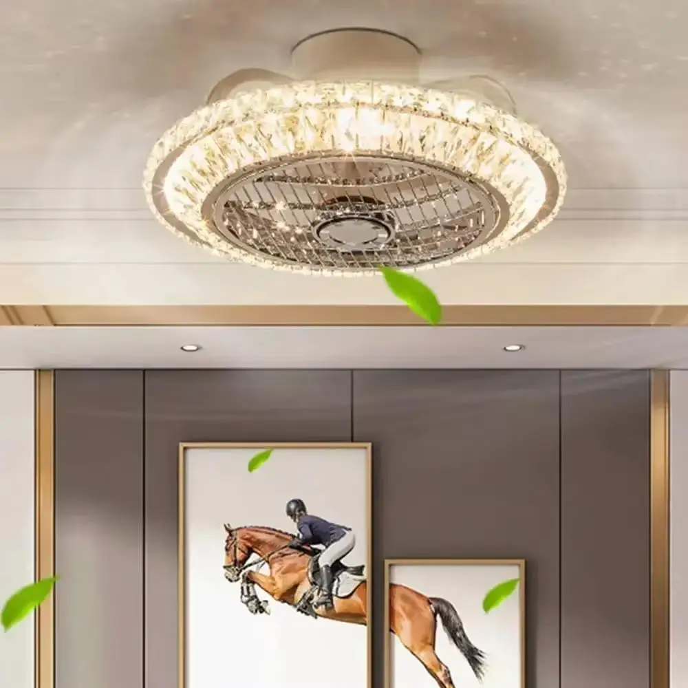 Crystal ceiling fan with lamp luxury invisible fan remote control silent fan lamp 3-speed 3-color bedroom