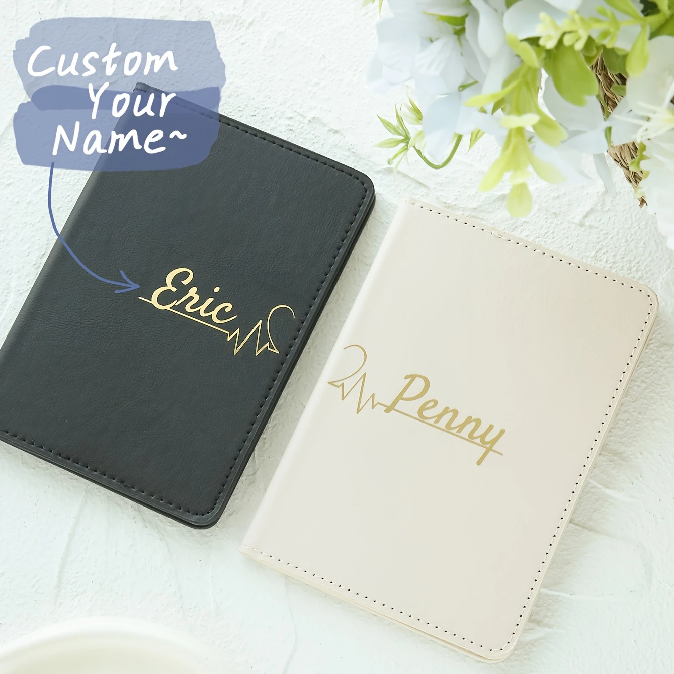 

[Custom] 2pcs Custom Name Couple Passport Cover Set with Sparkling Heart Beat Pattern Personalized Golden Name Passport Holders