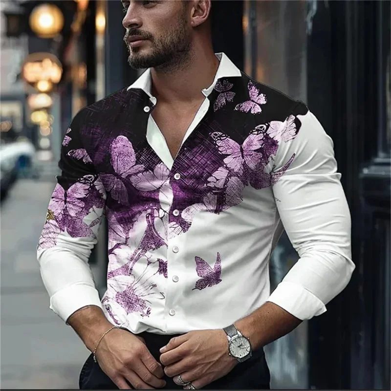 2024 Leisure Fashion Business Men\'s High -quality Butterfly Patterns Long -sleeved Shirts lapel comfortable and soft men 6xl