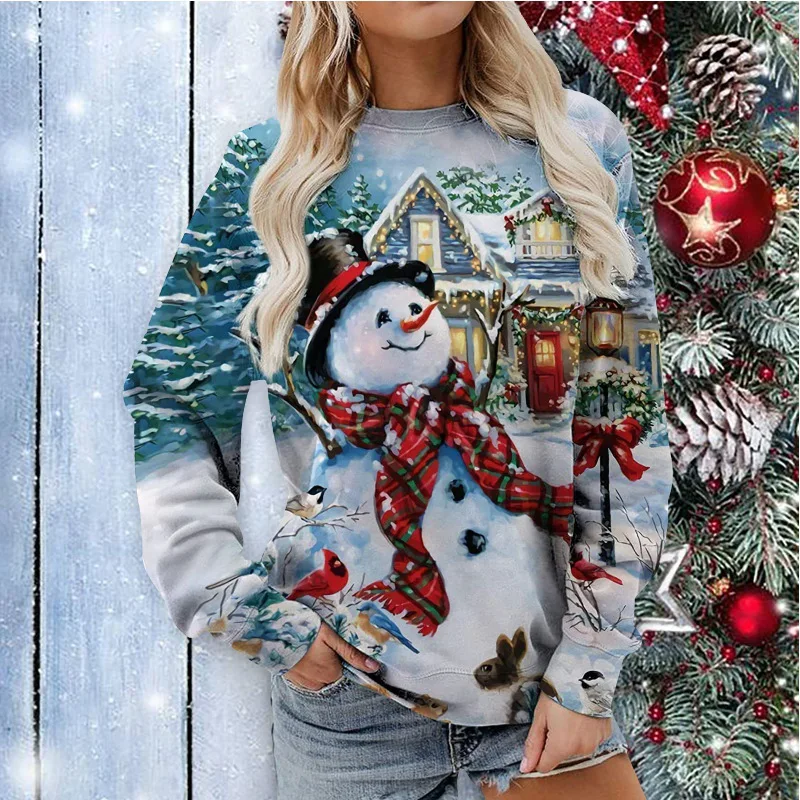 2024 new European and American Christmas snowman 3D printed women\'s round neck long sleeved autumn casual pullover top