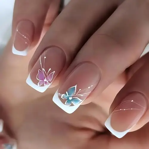 

French Flower Press on Nails Medium Square Fake Nails Glossy Pink Blue Butterfly False Nail Nude Artificial Nails for Women Girl