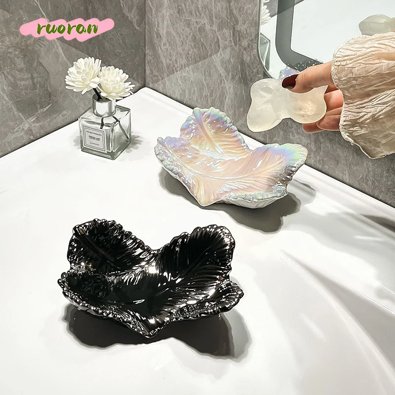 Ceramic Feather Soap Holder High End Creative Draining Soap Dish for Home Light Luxury