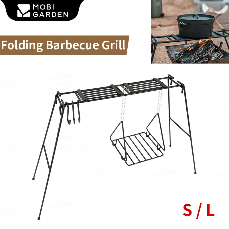 

MOBI GARDEN Camping Folding Barbecue Grill Multifunctional Cast Iron Shelf Outdoor Tableware Hanging Pot Rack Wood Stove Winter