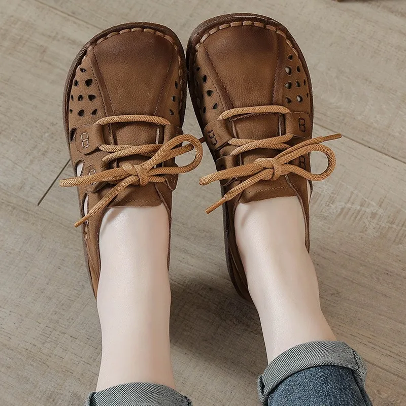 Full Cowhide Summer New Cowhide Soft Bottom Hollow Sandals Female Retro Shoes Leather Wide Foot Thick Bottom Women\'s Shoes