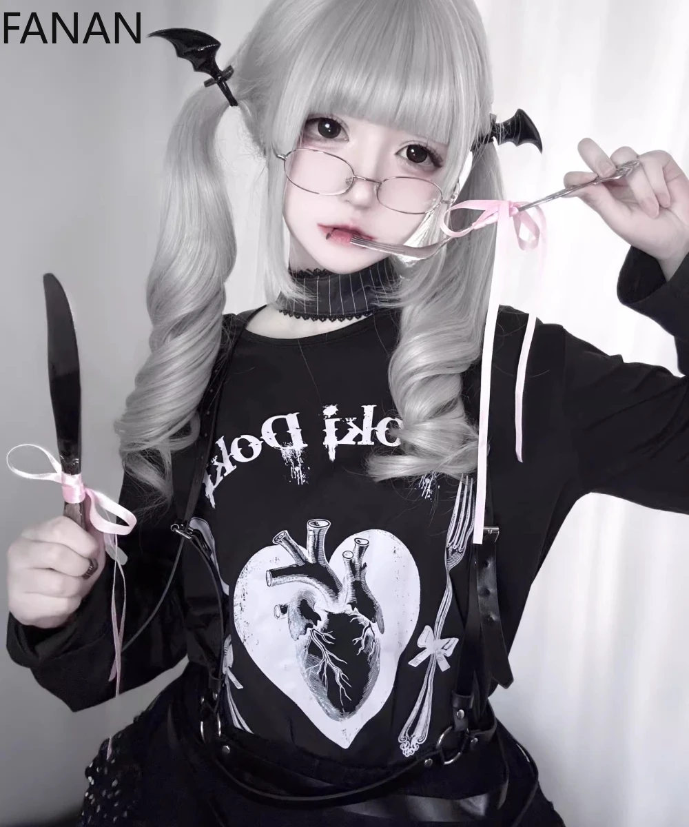 

Japanese Long-sleeved T-shirt Sweet White Top Tees Loose Kawaii Tees Cosplay Cute Subcultural Autumn Graphic T Shirts