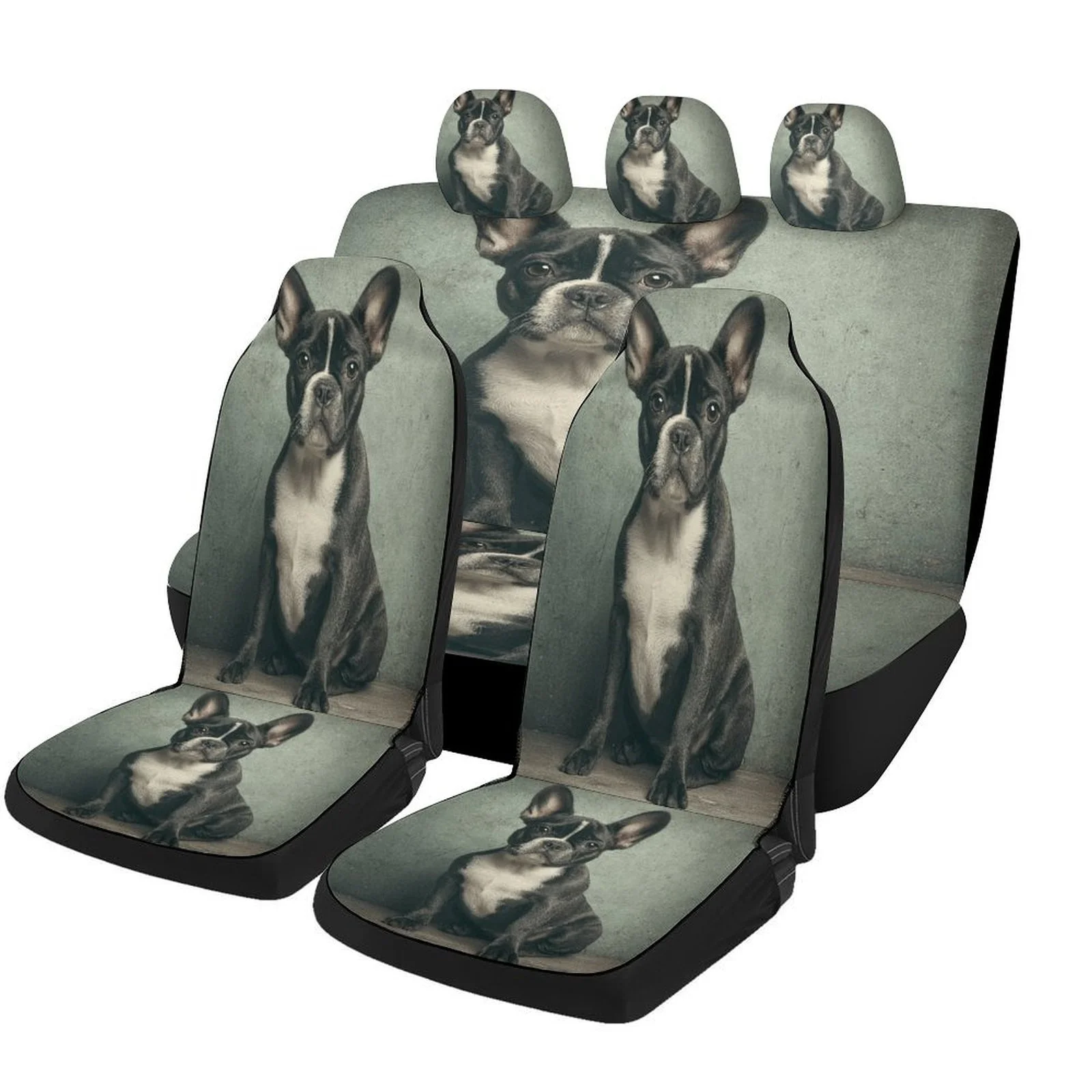 

French Bulldog Portrait Car Seat Cover Set - Trendy Novelty High-Quality Full Set For 2 Front & Rear Seats, Machine Washable, Al