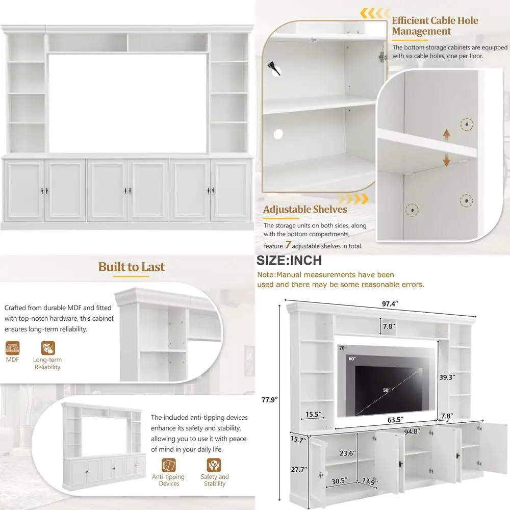 

4-Piece Entertainment Center Wall Unit or TVs up to 70", TV Stand with Bookshelves, 6 Do& Adjustable Shelves, armhouse Large Med