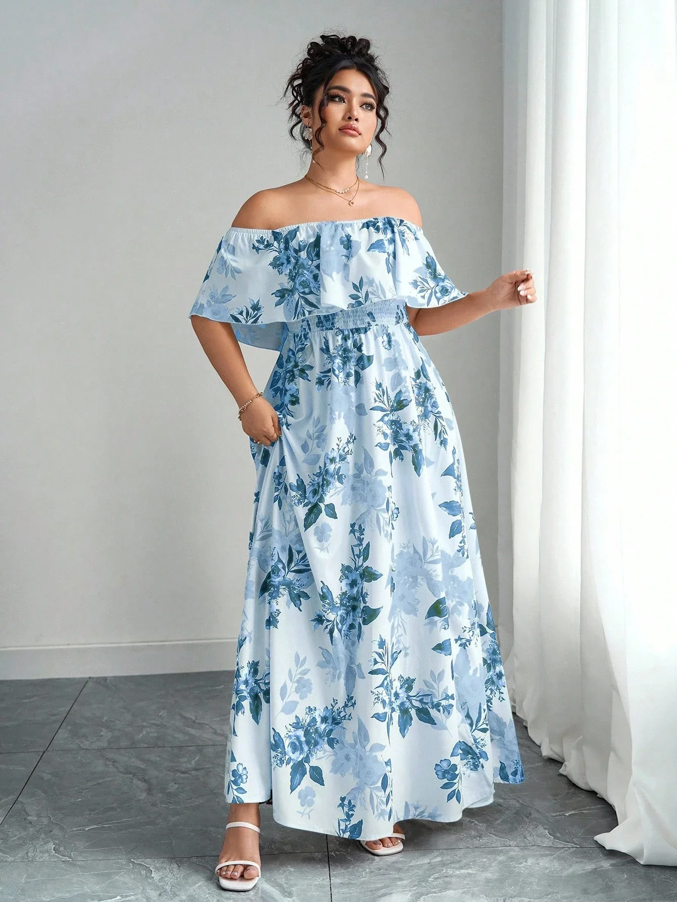 

Off Shoulder Ruffle Floral Print Maxi Dress Plus Size Summer Elegant Vacation Dress