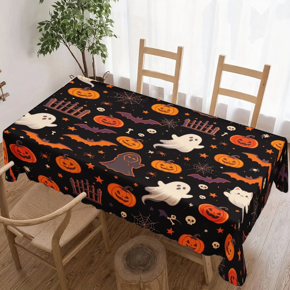 Halloween Rectangle Table Cloth Cute Ghost Pumpkin Bat Spider Web Skull Cat Fence Table Cover for Holiday Party Halloween Decor