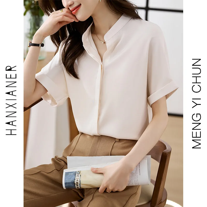 

Women Clothing Vintage Elegant Solid Turn-down Collar Shirt Summer Fashion Casual Covered Button Chiffon Blouse Loose Chic Tops