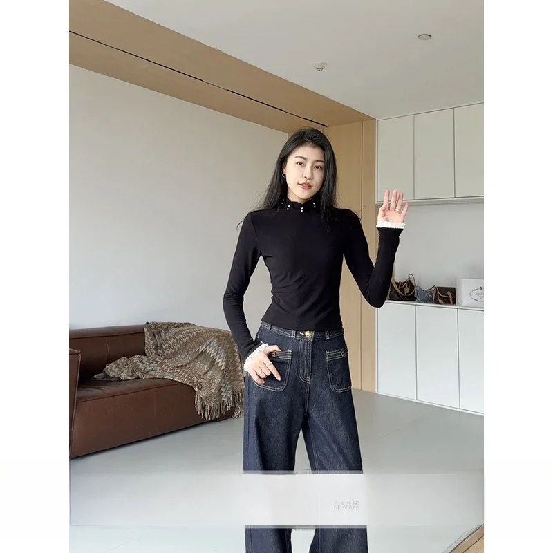 

Женский теплый модный комплект Sli Inner Wear: приталенное пальто с высоким воротником, жемчужным декором и кружевными вставками, с длинными рукавами