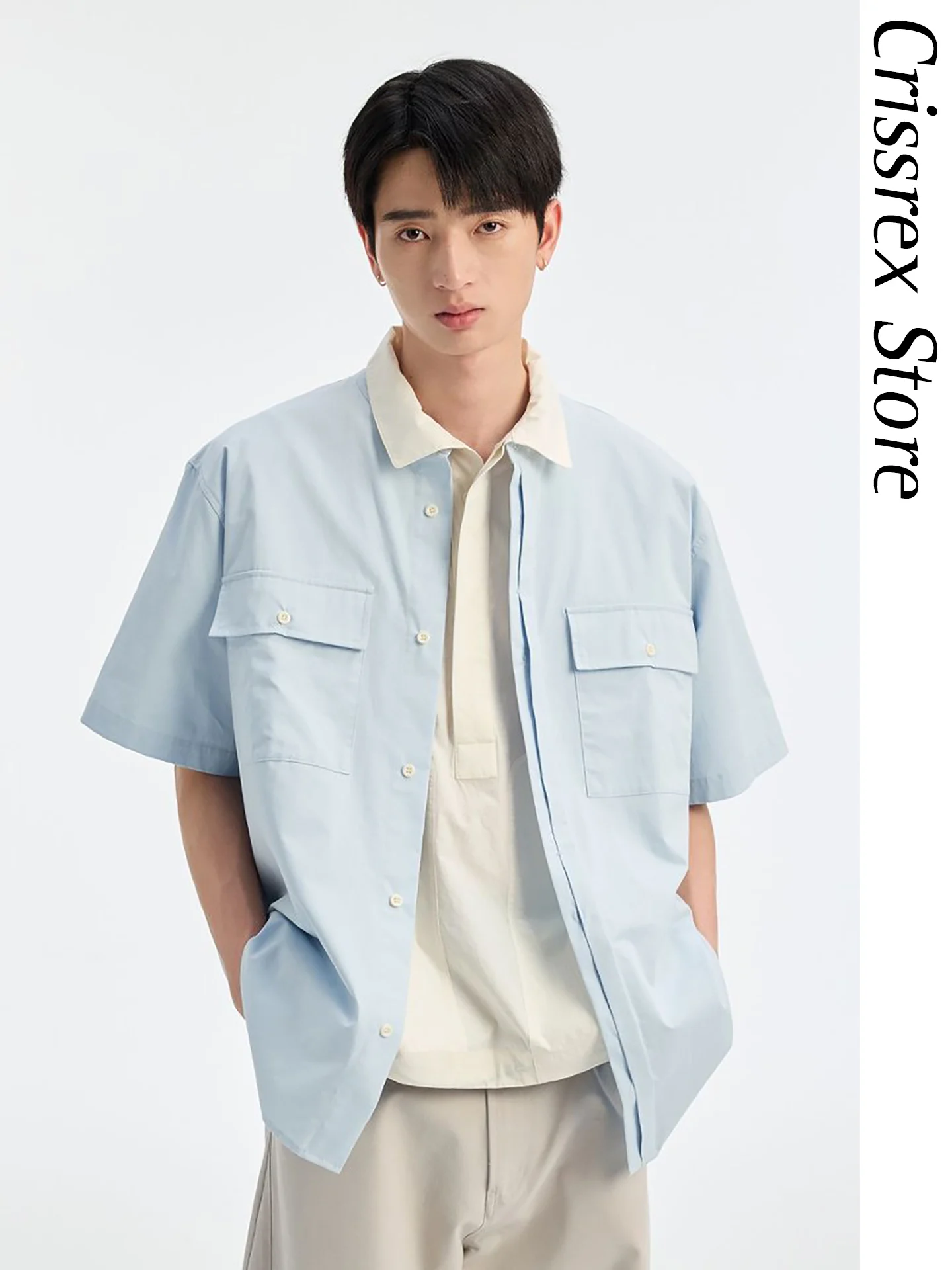 

Crissrex Store Butill Loose Fit Short Sleeve Shirt with Stand Collar Double Pockets for Commuting Youth Fashion Cotton Shirt