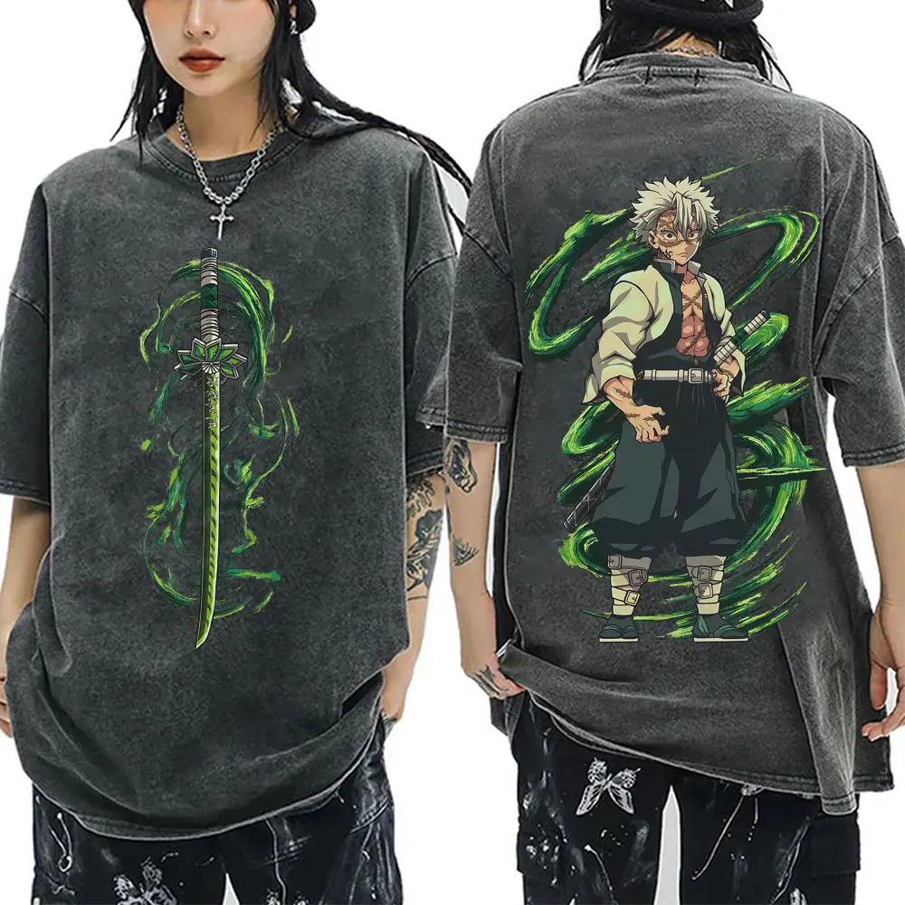 

Промытые винтажные аниме Demon Slayer Wind Hashira Shinazugawa Sanemi футболки с графическим рисунком для мужчин и женщин одежда большие футболки с героями мультфильмов
