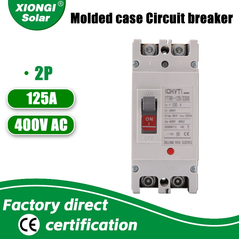 XIONGISolar Molded case circuit breaker 2P AC 400V 100A YTM1-125 Overload Protection Switch Protector for Solar Photovoltaic